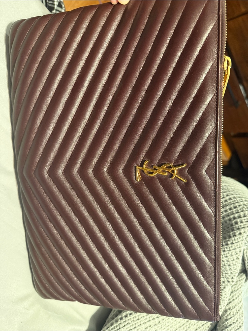 Yves Saint Laurent Quilted Leather Pouch in Bordeaux with Gold Hardware